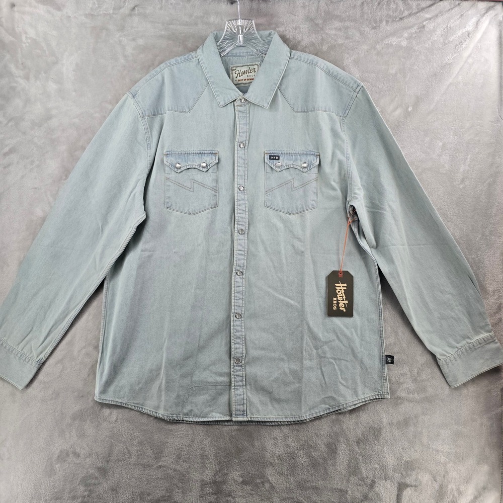 NWT Howler Bros Mens XL Dust-Up Denim Snapshirt Light Wash Western Pearl Snap